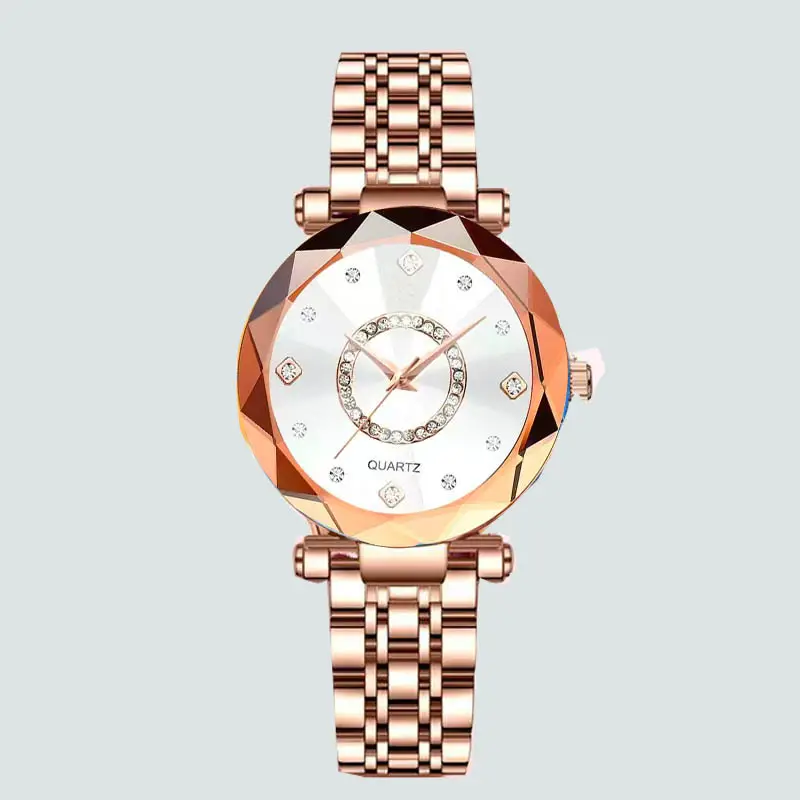 Women's Quartz Gold-Plated Watch, High-Value Simple Alloy Leather Strap Retro Diamond-Encrusted Wristwatch for Middle School Students