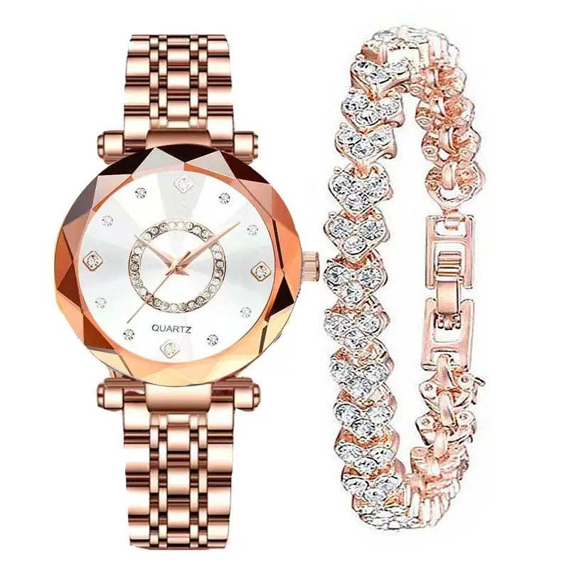 Women's Quartz Gold-Plated Watch, High-Value Simple Alloy Leather Strap Retro Diamond-Encrusted Wristwatch for Middle School Students
