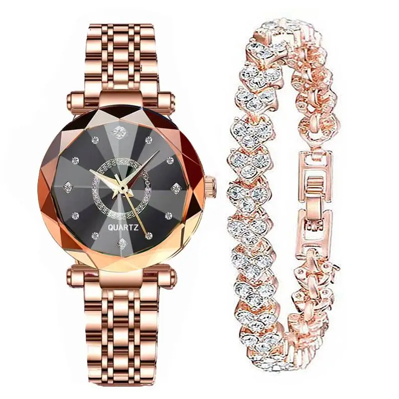 Women's Quartz Gold-Plated Watch, High-Value Simple Alloy Leather Strap Retro Diamond-Encrusted Wristwatch for Middle School Students