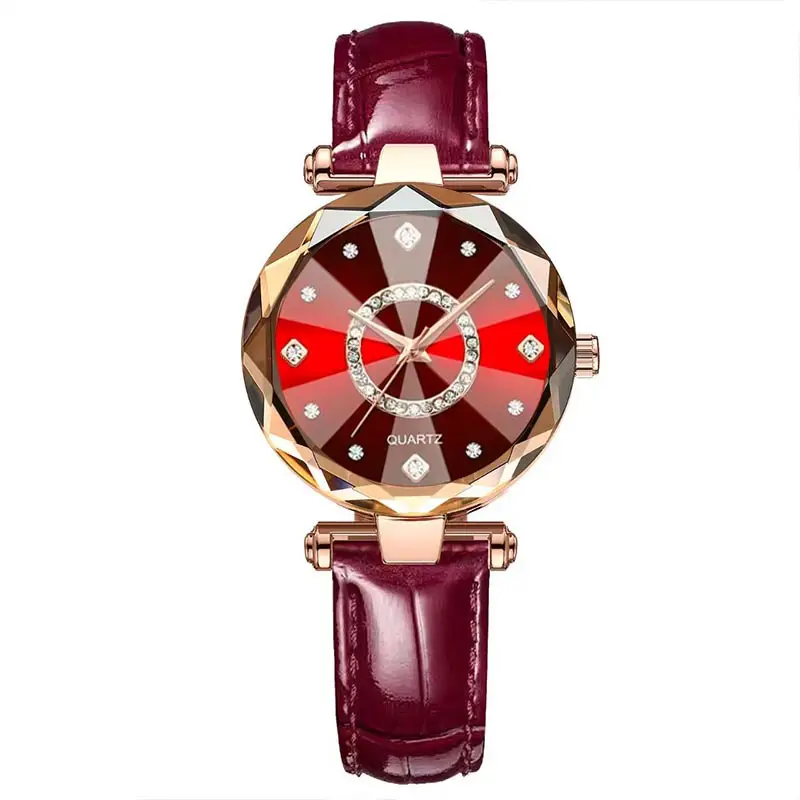 Women's Quartz Gold-Plated Watch, High-Value Simple Alloy Leather Strap Retro Diamond-Encrusted Wristwatch for Middle School Students
