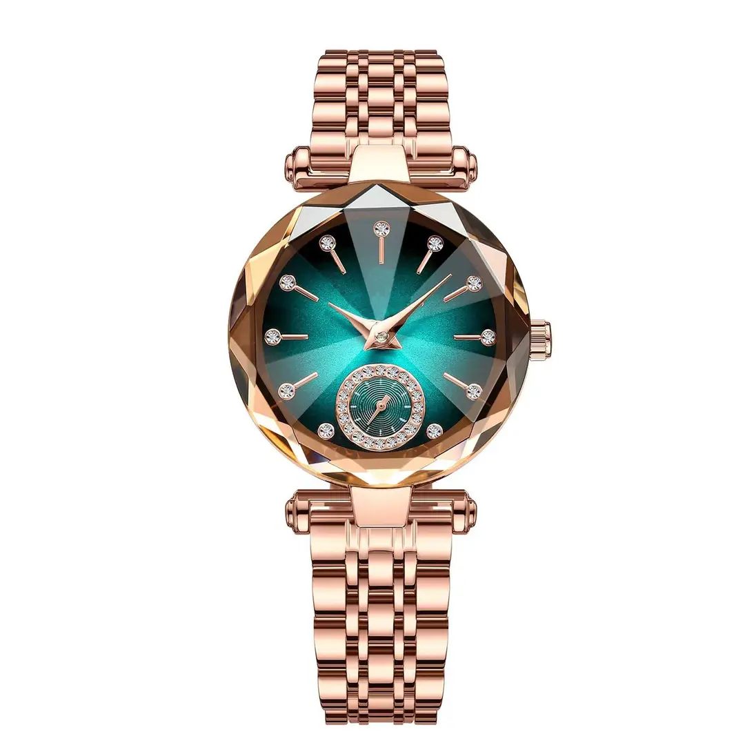 Women's Quartz Gold-Plated Watch, High-Value Simple Alloy Leather Strap Retro Diamond-Encrusted Wristwatch for Middle School Students