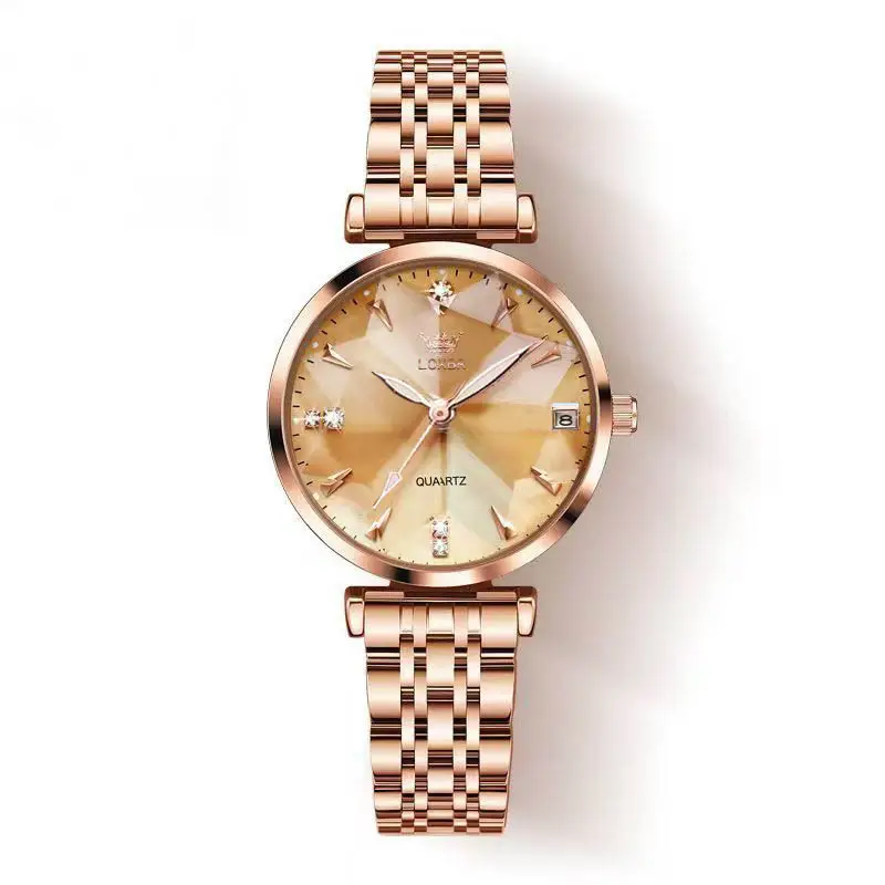 Women's Quartz Gold-Plated Watch, High-Value Simple Alloy Leather Strap Retro Diamond-Encrusted Wristwatch for Middle School Students