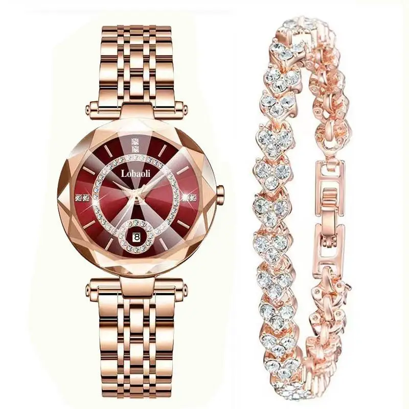 Women's Quartz Gold-Plated Watch, High-Value Simple Alloy Leather Strap Retro Diamond-Encrusted Wristwatch for Middle School Students