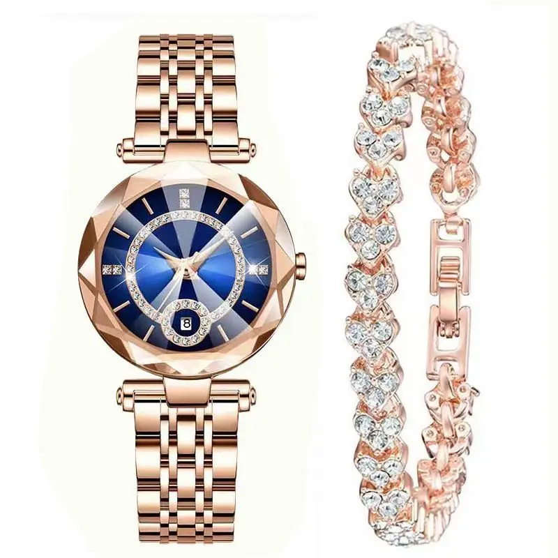 Women's Quartz Gold-Plated Watch, High-Value Simple Alloy Leather Strap Retro Diamond-Encrusted Wristwatch for Middle School Students
