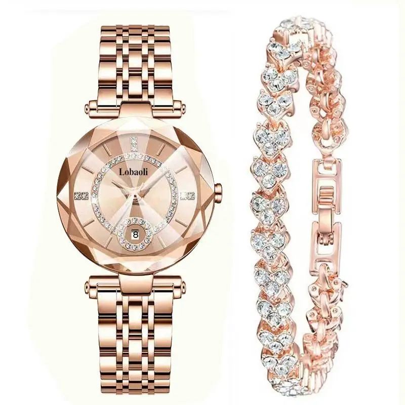 Women's Quartz Gold-Plated Watch, High-Value Simple Alloy Leather Strap Retro Diamond-Encrusted Wristwatch for Middle School Students