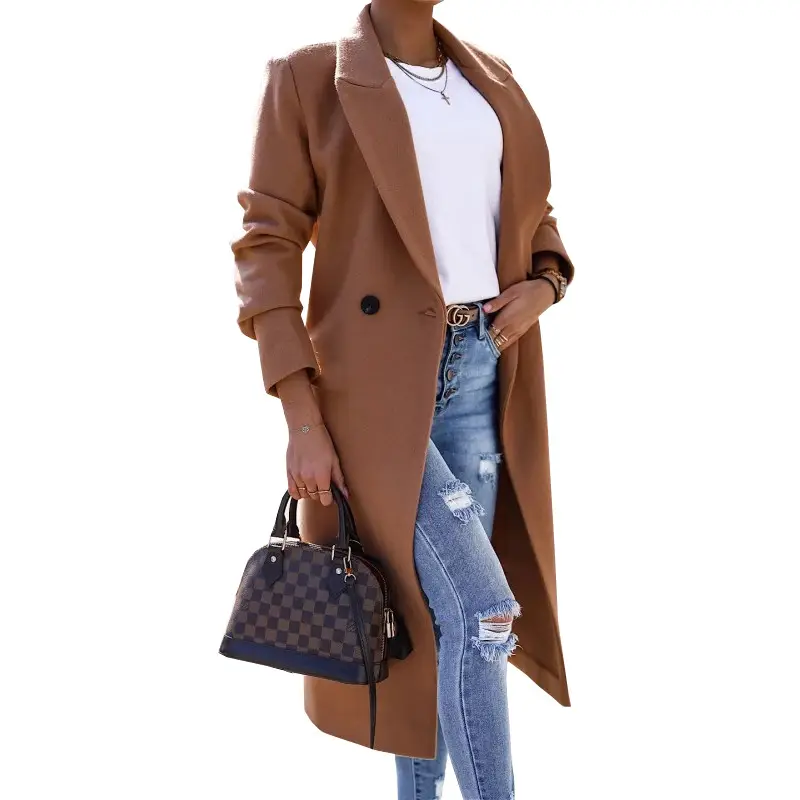 Women Woolen Lapel Jacket Black Button Slit 2025 - Image 3