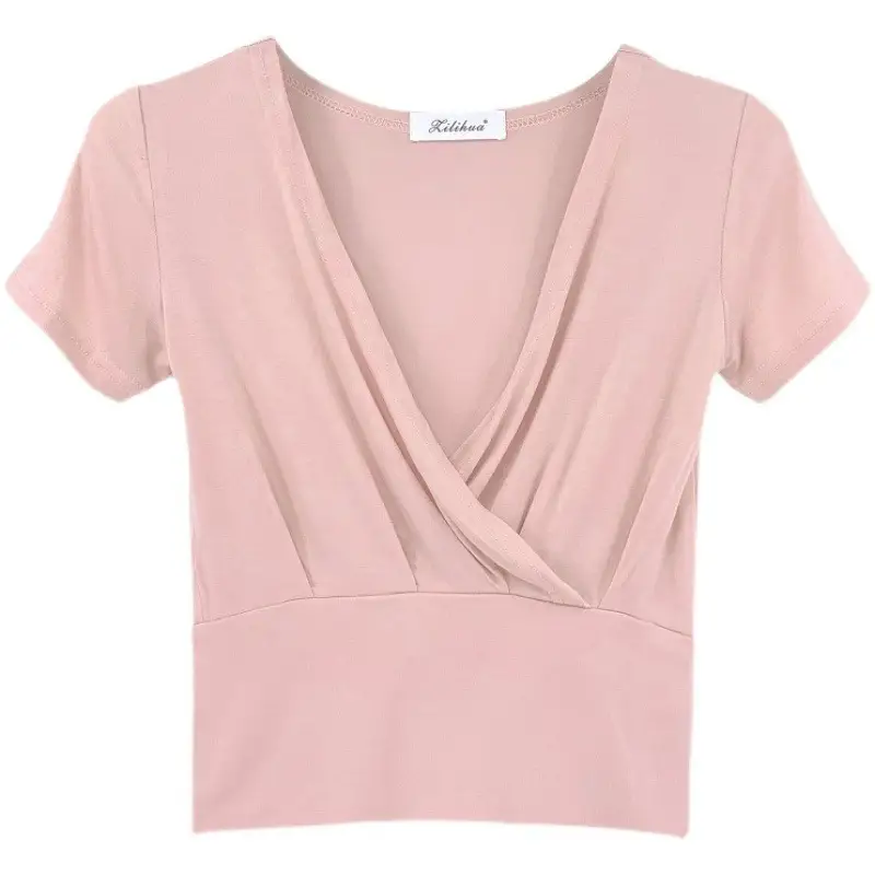 Pink Cross Deep V-neck T-shirt for Women - Image 11