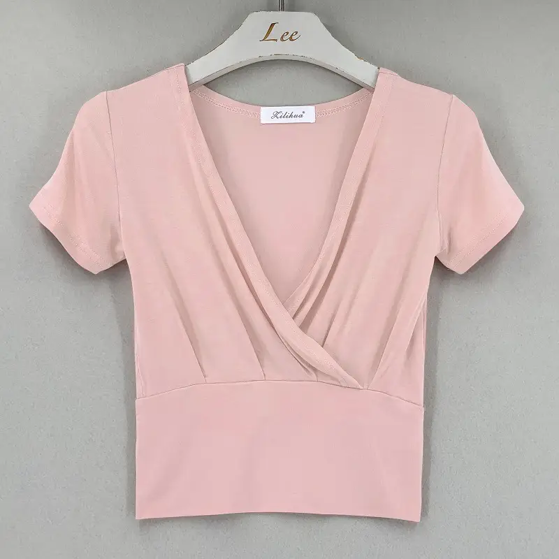 Pink Cross Deep V-neck T-shirt for Women - Image 2