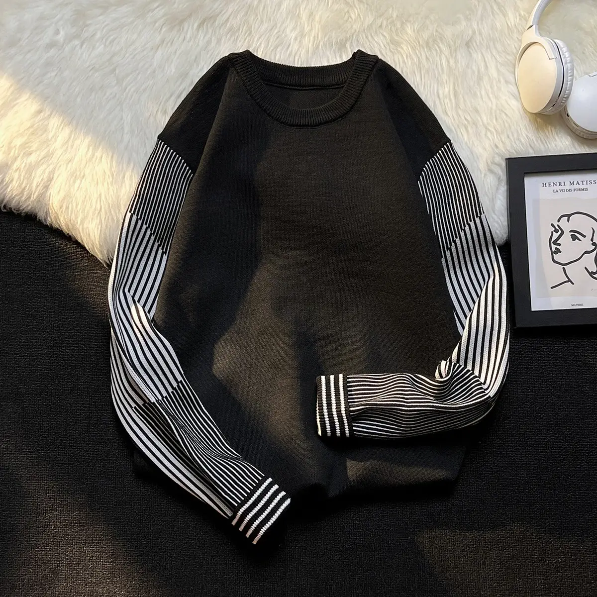 Black Striped Crewneck Sweater for Boys - Image 5