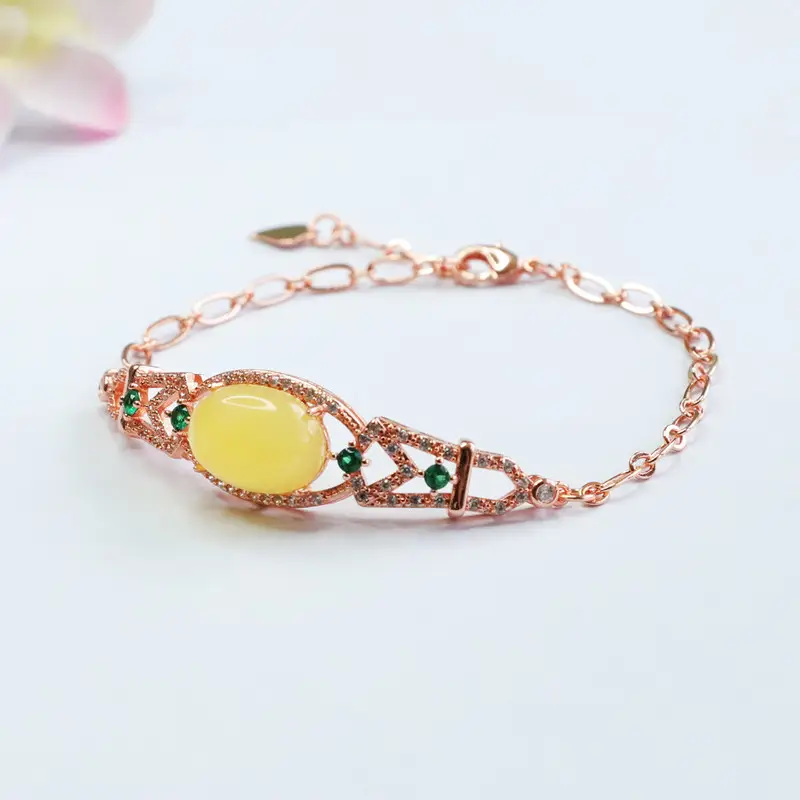 Guan Yu Natural Honey Amber Bracelet with Green Accents — feature 5