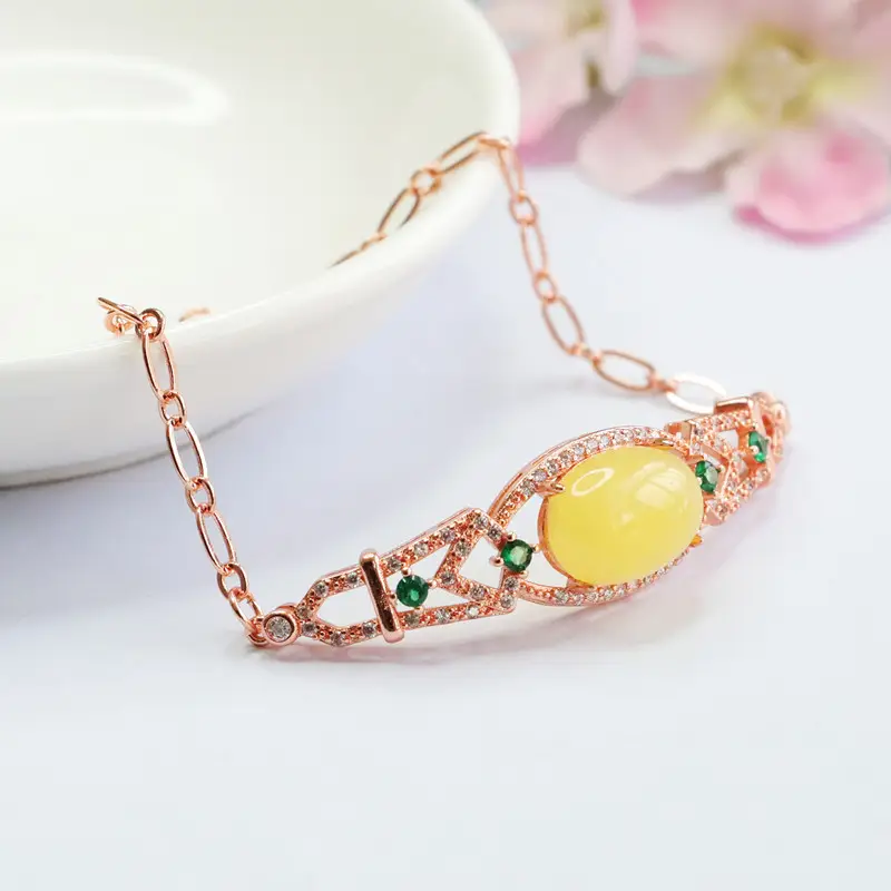 Guan Yu Natural Honey Amber Bracelet with Green Accents - Image 3