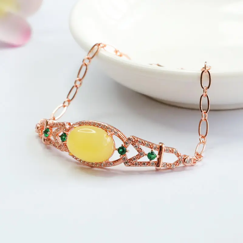 Guan Yu Natural Honey Amber Bracelet with Green Accents — feature 8