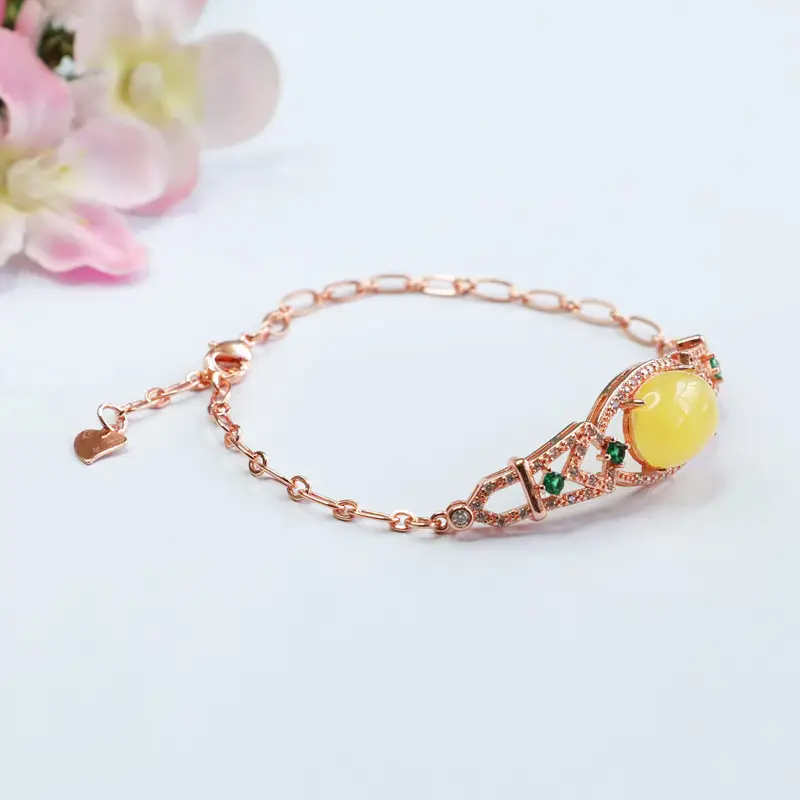 Guan Yu Natural Honey Amber Bracelet with Green Accents - Image 4