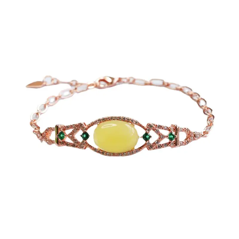 Guan Yu Natural Honey Amber Bracelet with Green Accents - Image 5
