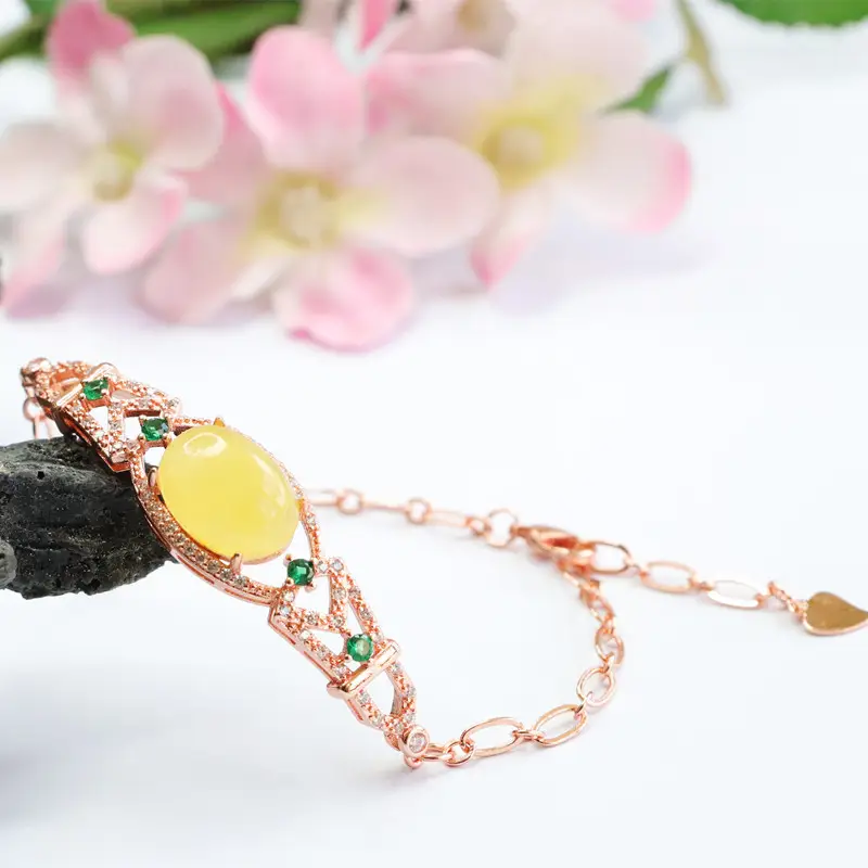 Guan Yu Natural Honey Amber Bracelet with Green Accents — feature 11