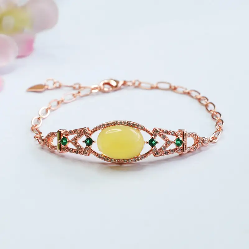 Guan Yu Natural Honey Amber Bracelet with Green Accents — feature 4