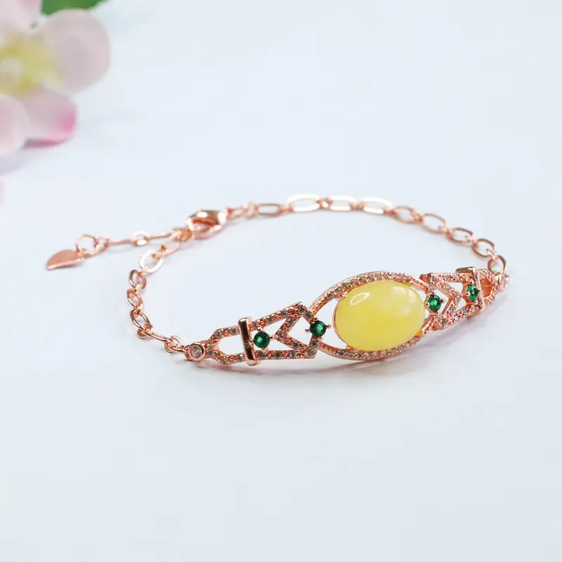 Guan Yu Natural Honey Amber Bracelet with Green Accents — feature 6