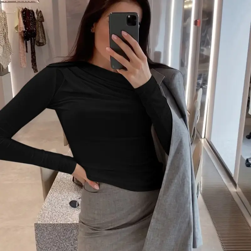 Black Long Sleeve Pleated Top with Slim Fit Bottom - Image 6