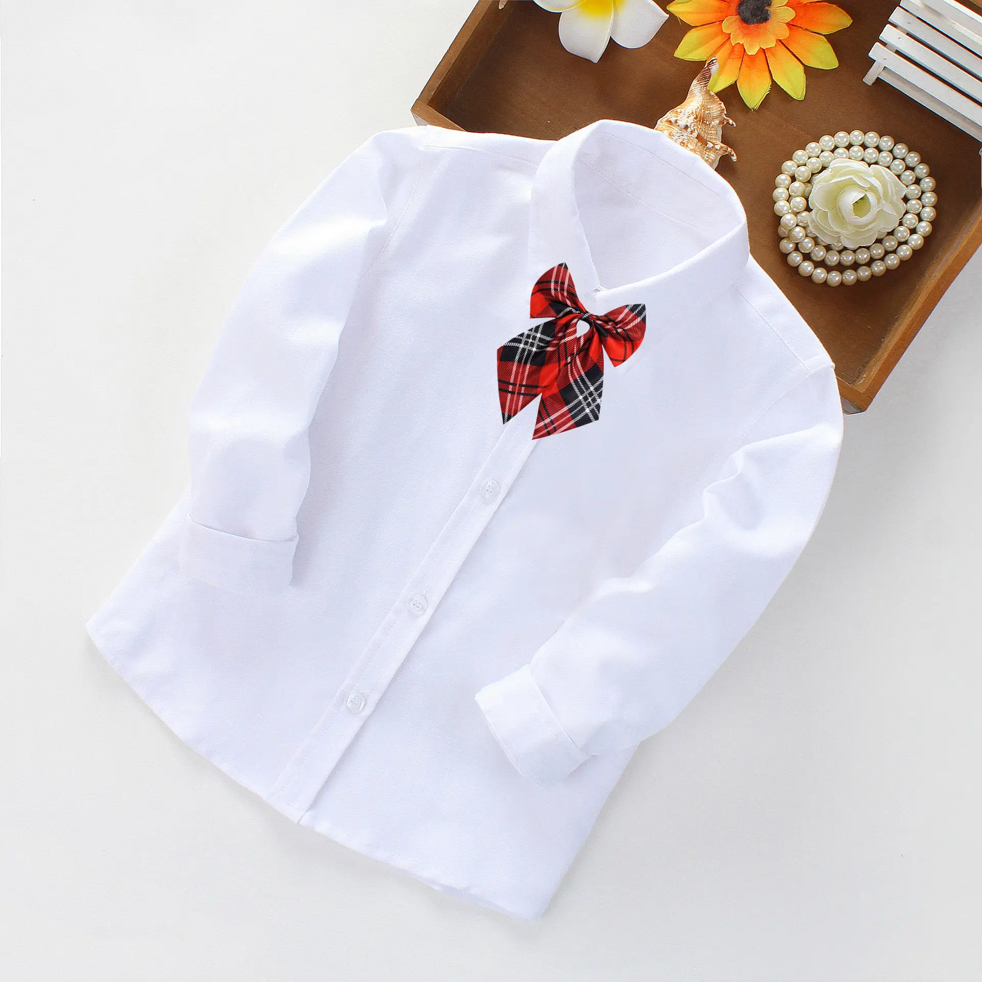 White Long-Sleeve Shirt for Girls School Uniform - Image 2