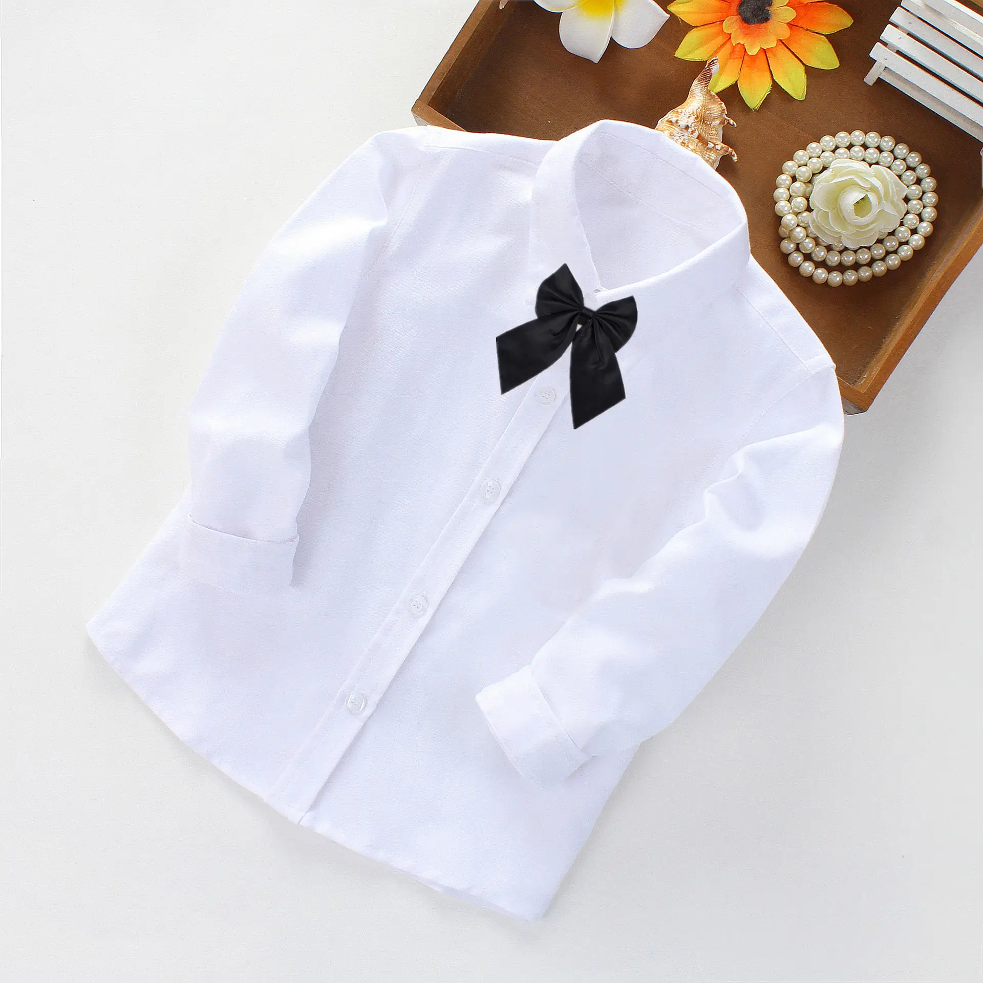 White Long-Sleeve Shirt for Girls School Uniform - Image 3