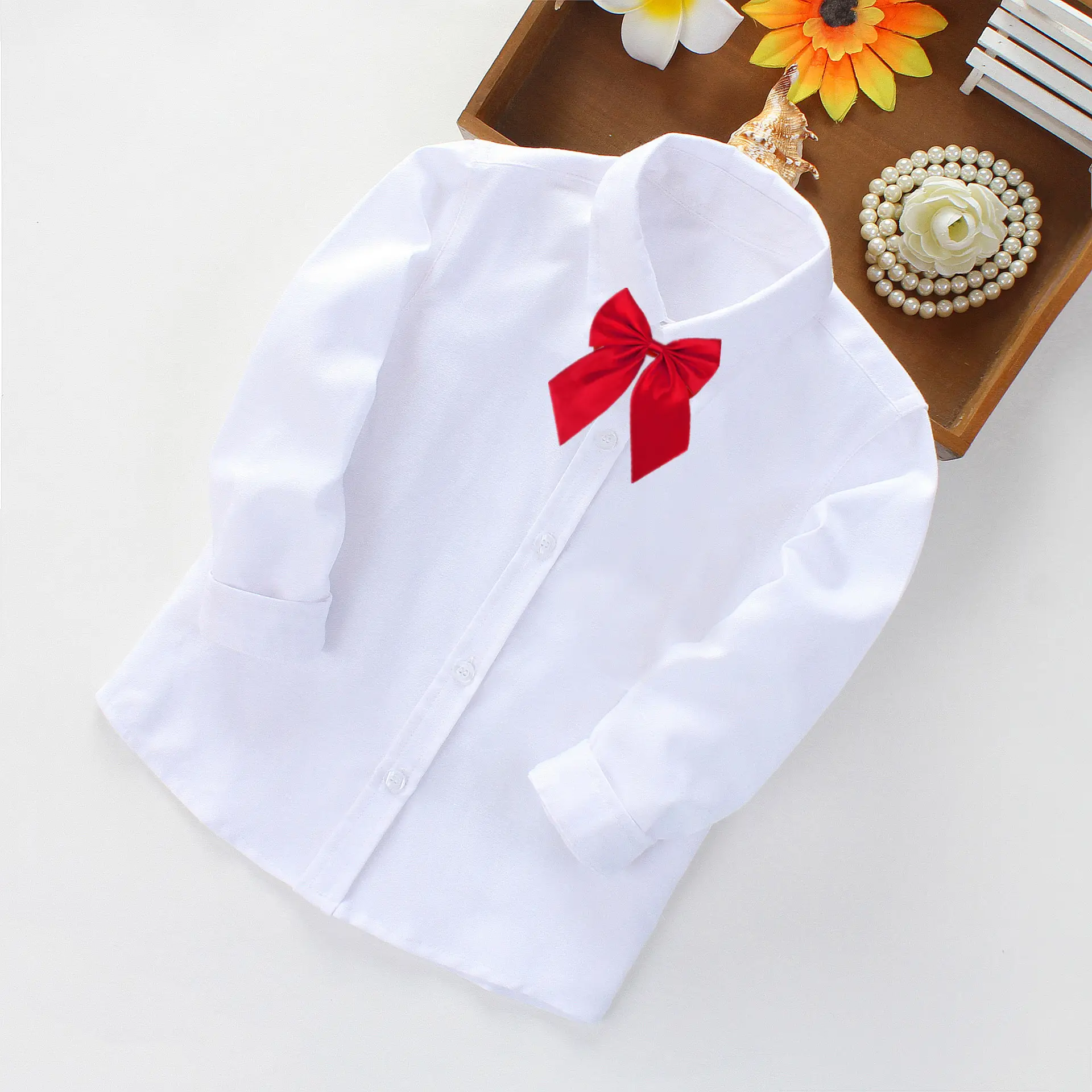 White Long-Sleeve Shirt for Girls School Uniform - Image 4