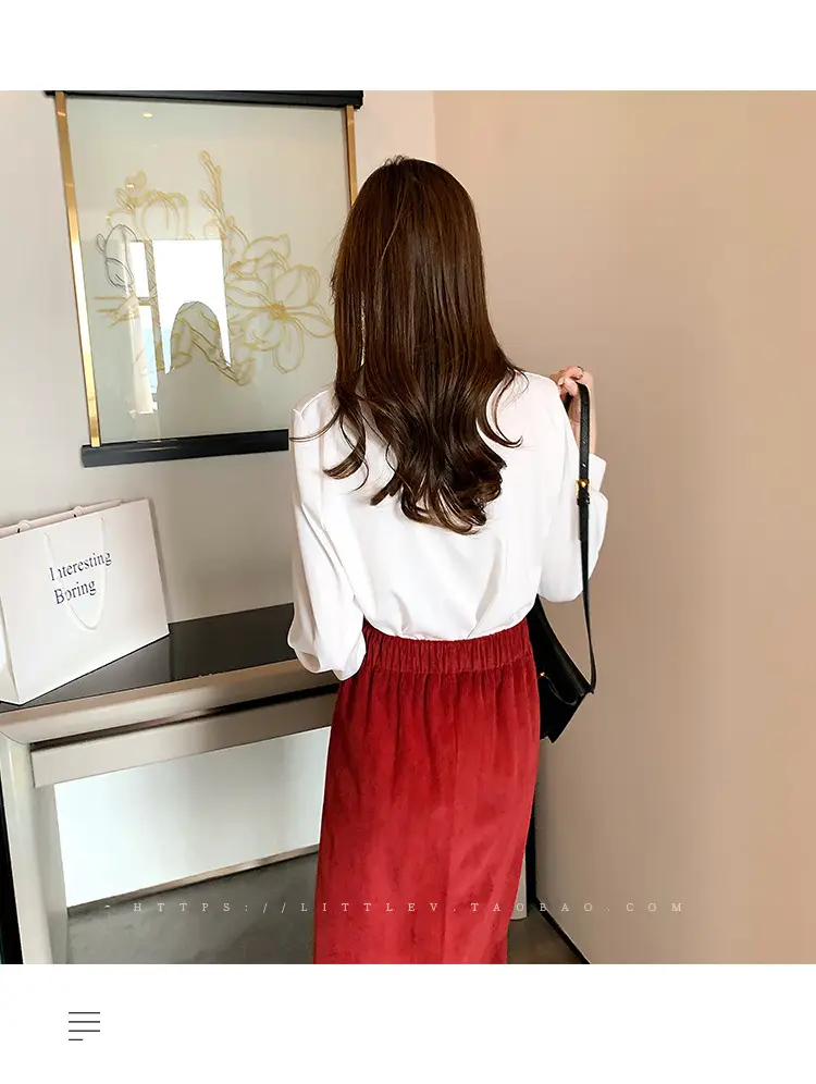 Women White Loose Layered Shirt with Red Skirt Set — feature 17