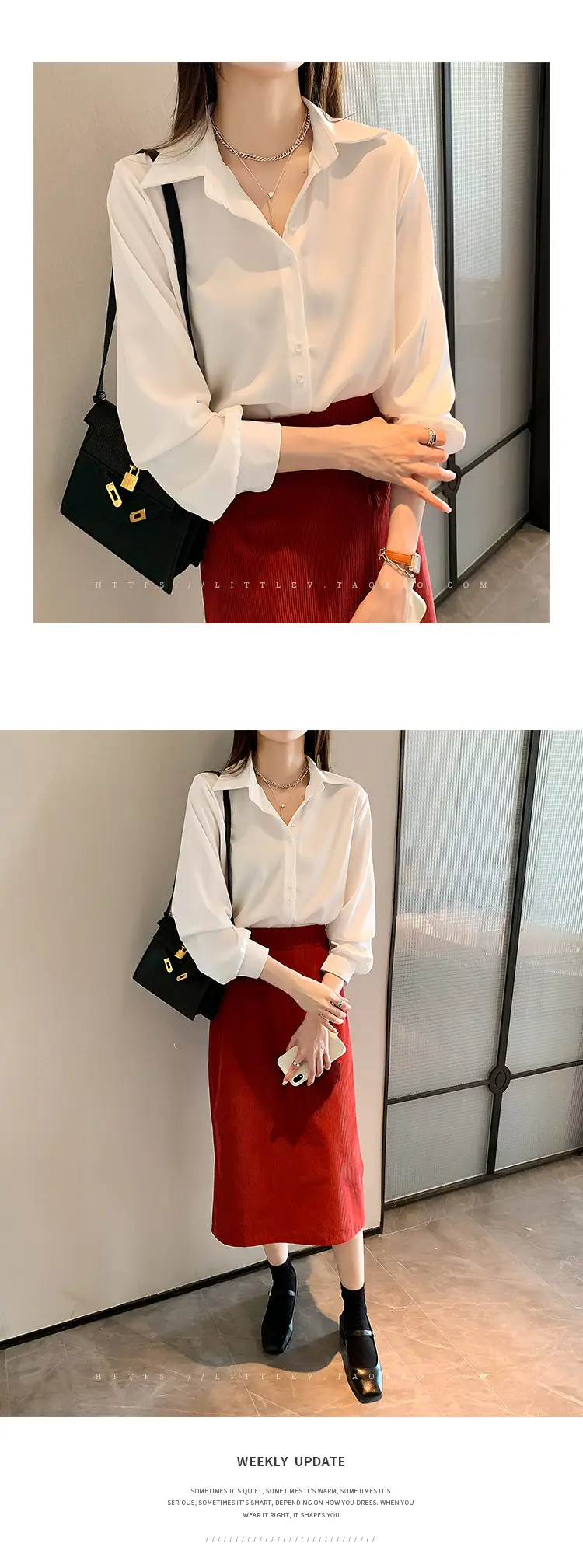 Women White Loose Layered Shirt with Red Skirt Set — feature 20