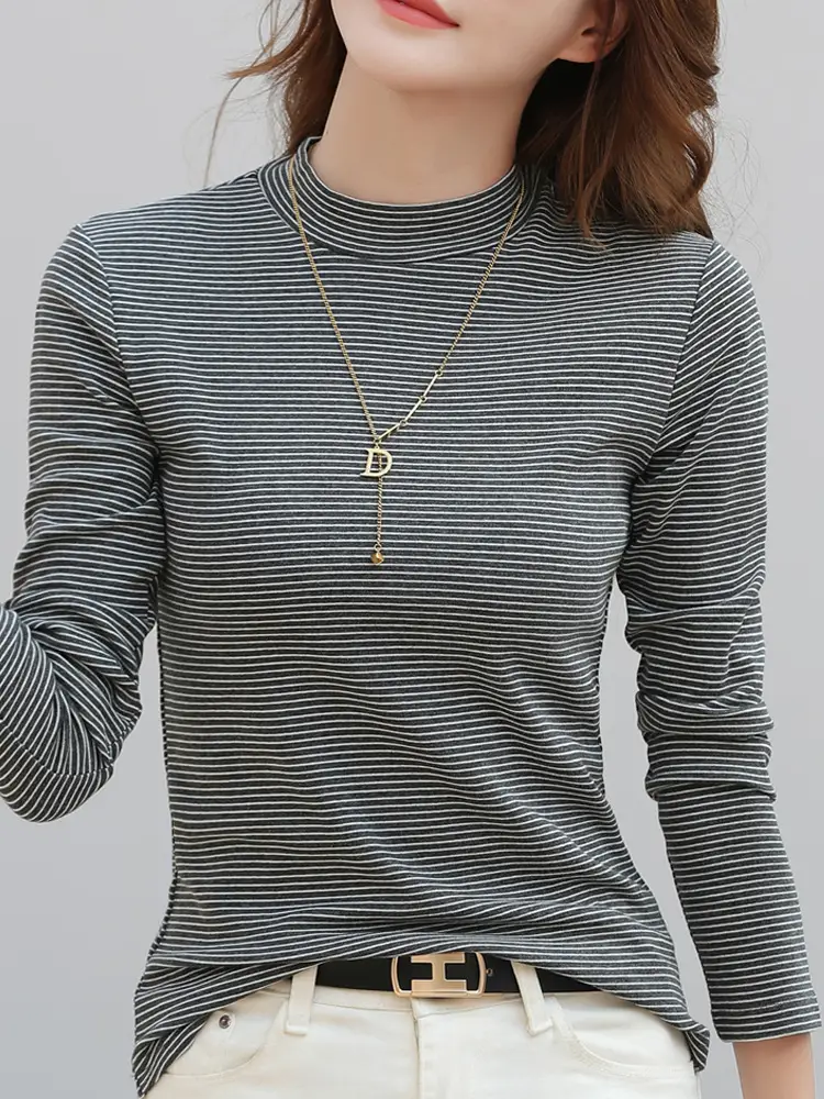 Women Striped Half-High Collar Shirt Green 2025 - Image 6