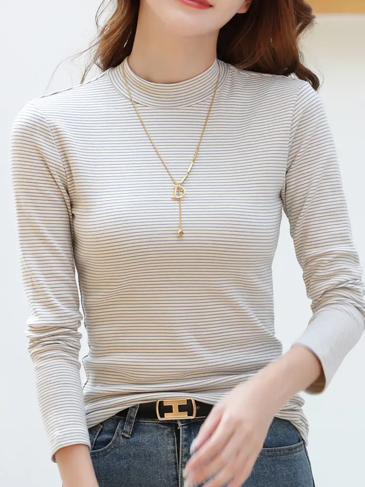 Women Striped Half-High Collar Shirt Green 2025 - Image 8