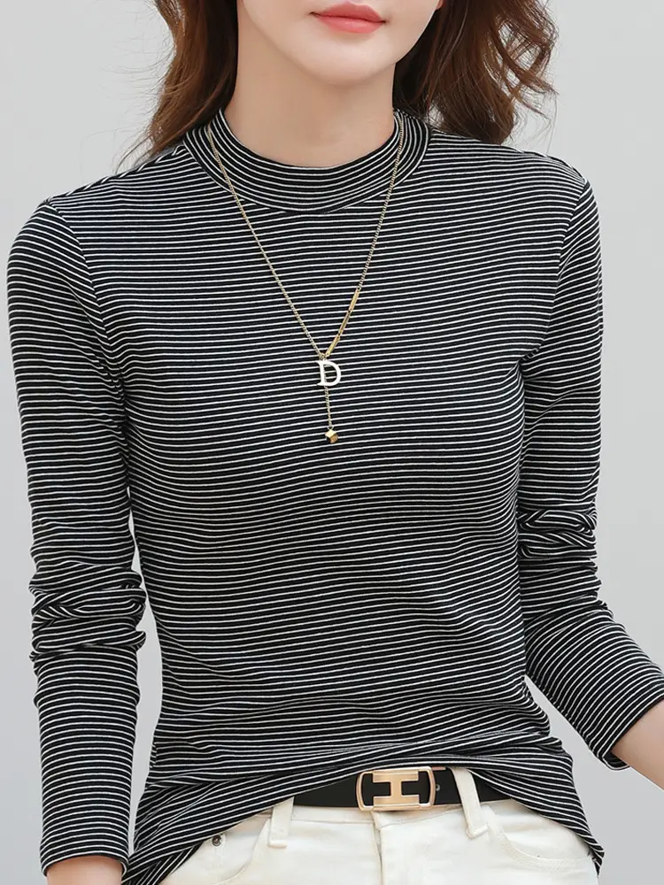 Women Striped Half-High Collar Shirt Green 2025 - Image 9