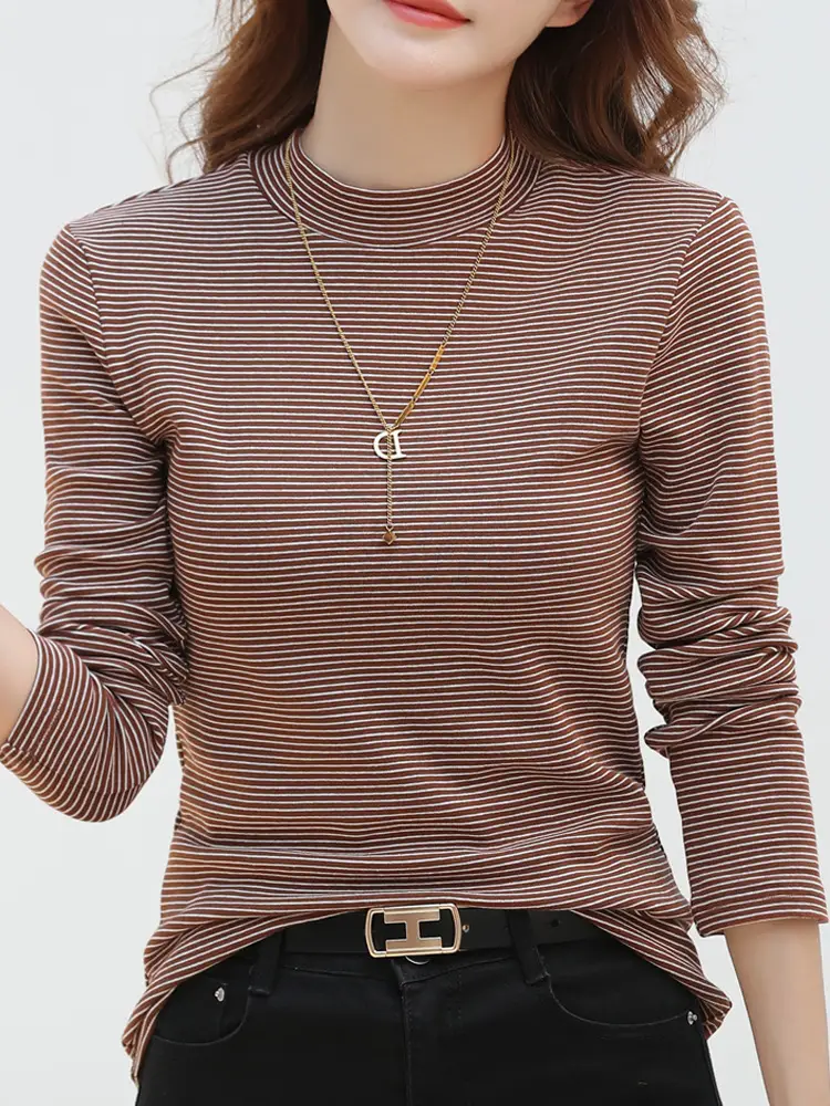 Women Striped Half-High Collar Shirt Green 2025 - Image 10