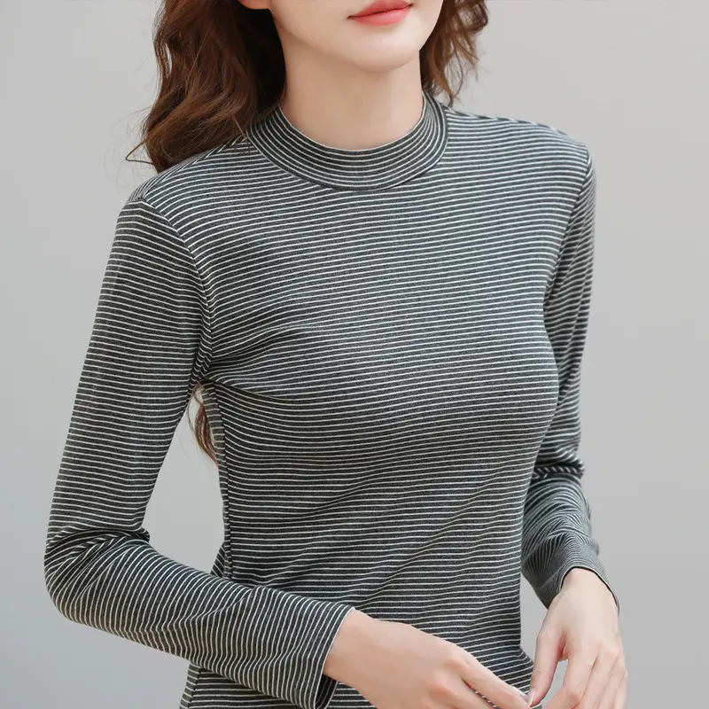 Women Striped Half-High Collar Shirt Green 2025 - Image 2