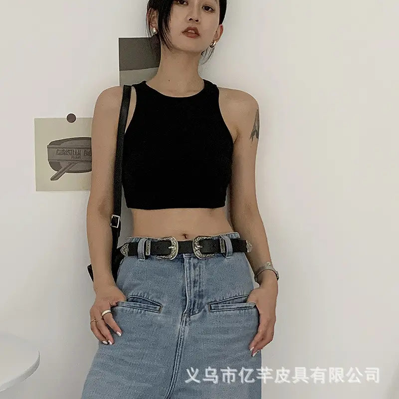Women's Black Crop Top with Belted Waist Pants Set - Image 5