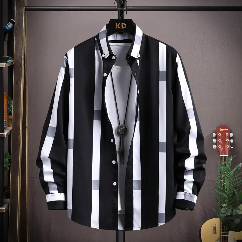 Men's Black White Striped Long Sleeve Shirt with Necklace - Image 2