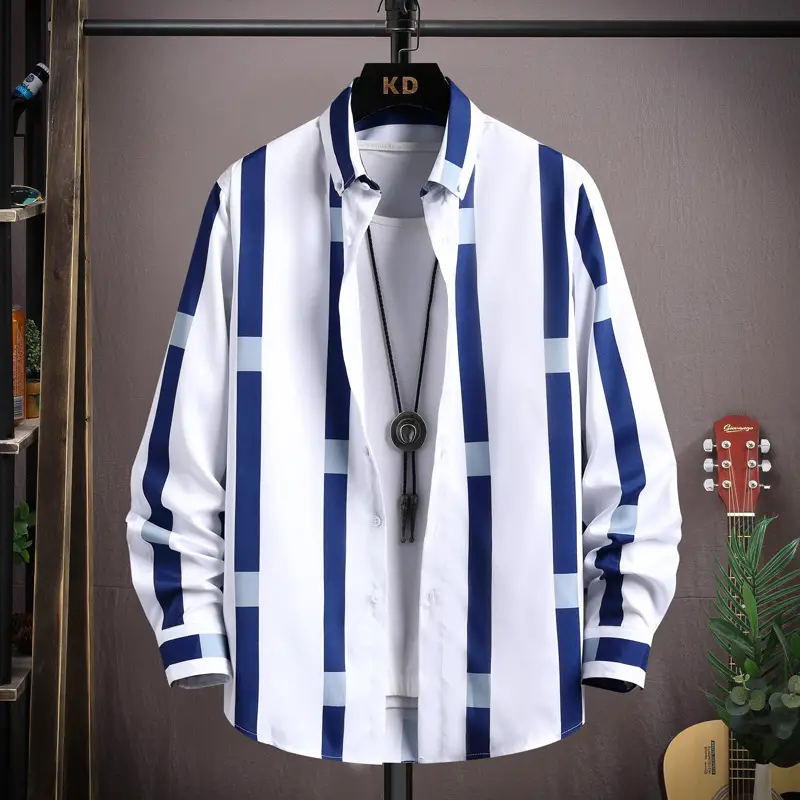 Men's Black White Striped Long Sleeve Shirt with Necklace - Image 3