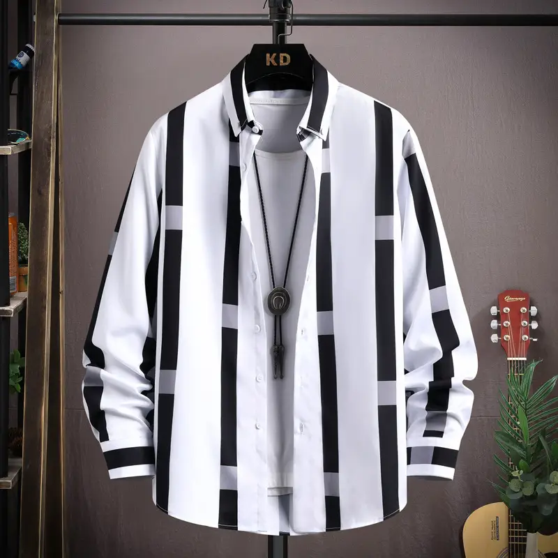 Men's Black White Striped Long Sleeve Shirt with Necklace - Image 4