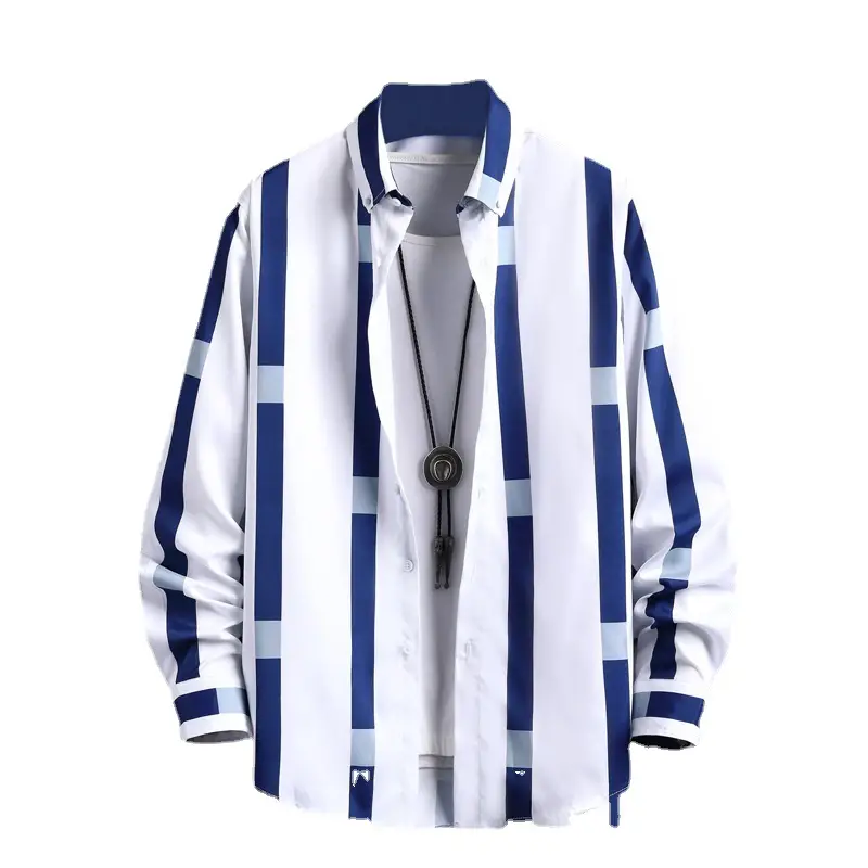 Men's Black White Striped Long Sleeve Shirt with Necklace - Image 5