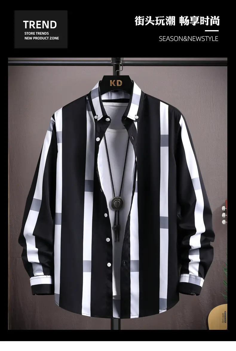 Men's Black White Striped Long Sleeve Shirt with Necklace — feature 1