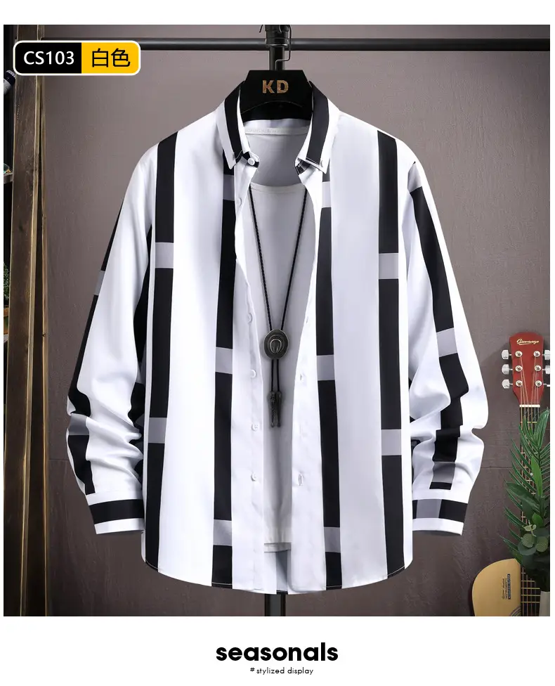 Men's Black White Striped Long Sleeve Shirt with Necklace — feature 10