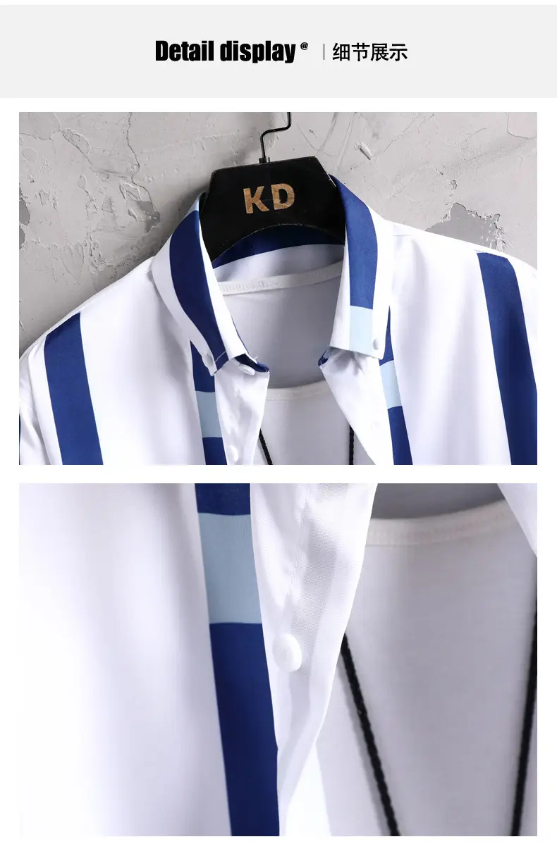 Men's Black White Striped Long Sleeve Shirt with Necklace — feature 11