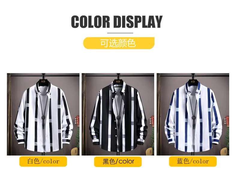 Men's Black White Striped Long Sleeve Shirt with Necklace — feature 5