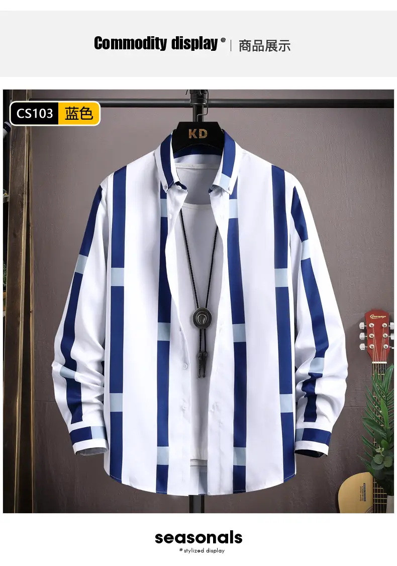 Men's Black White Striped Long Sleeve Shirt with Necklace — feature 6