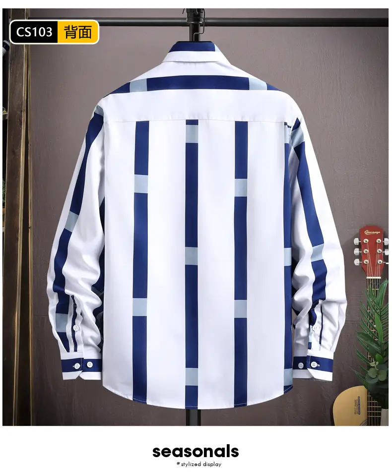 Men's Black White Striped Long Sleeve Shirt with Necklace — feature 7