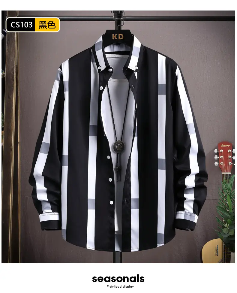 Men's Black White Striped Long Sleeve Shirt with Necklace — feature 9