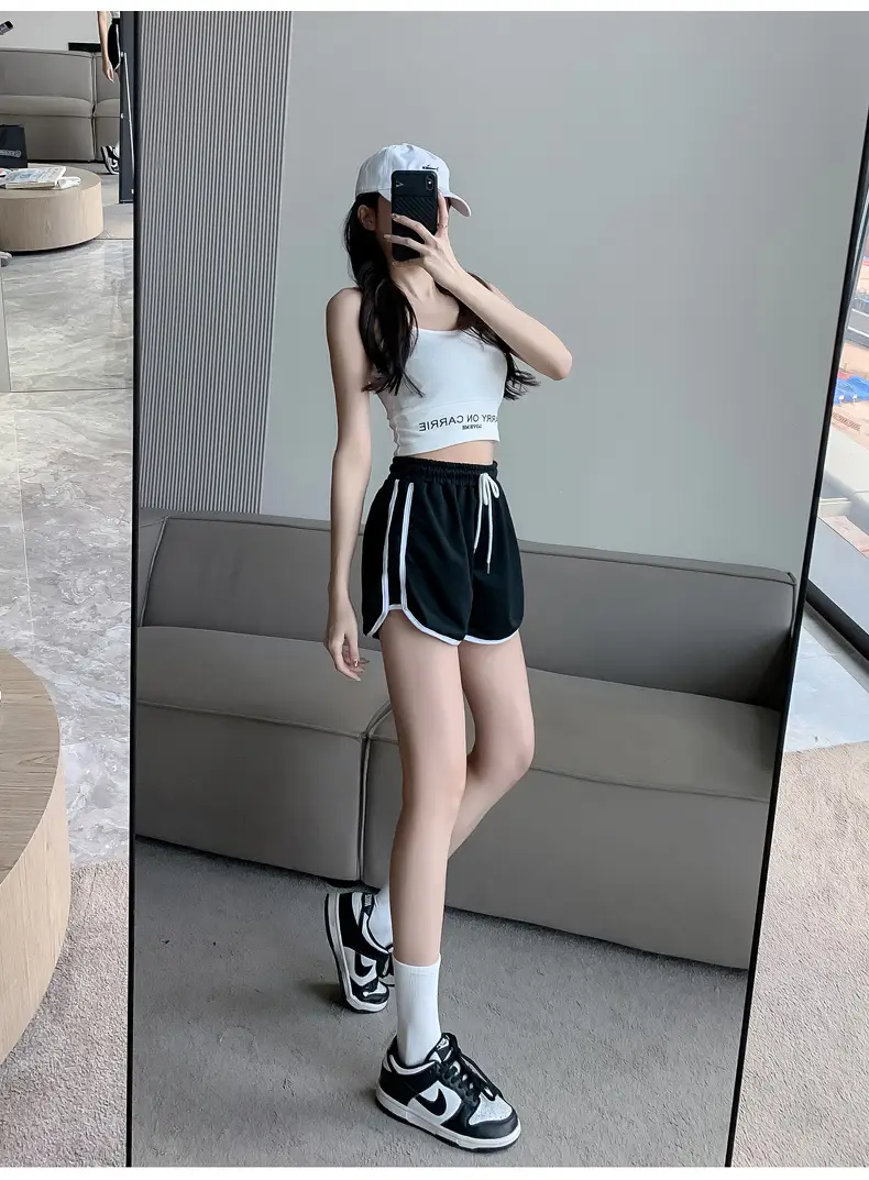 Women's Pink Elastic Waist Shorts with White Trim — feature 1