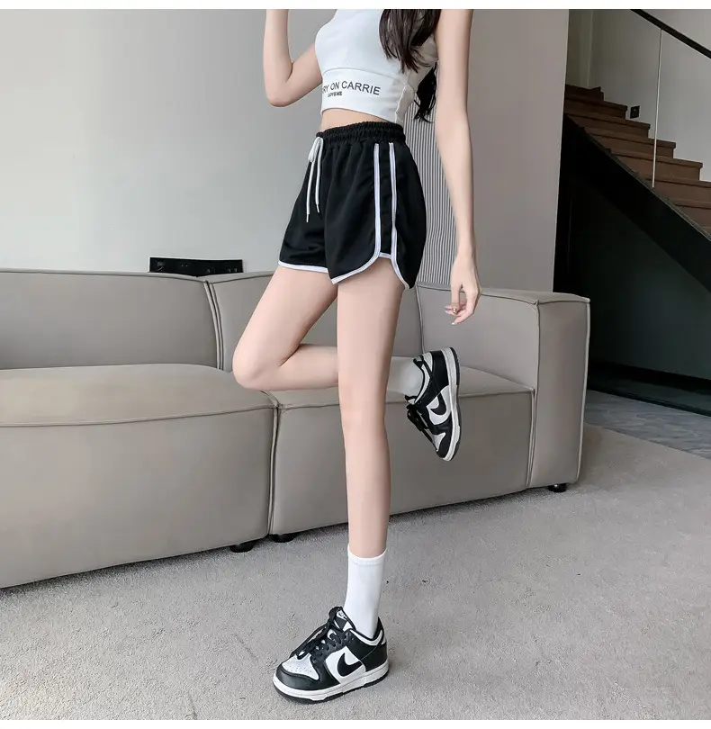 Women's Pink Elastic Waist Shorts with White Trim — feature 2