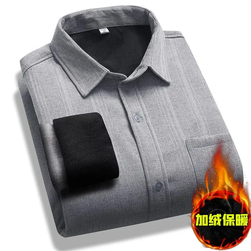Fleece Lined Men's Shirt Blue Long Sleeve Winter Warm