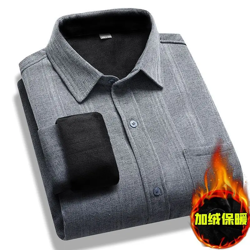 Fleece Lined Men's Shirt Blue Long Sleeve Winter Warm
