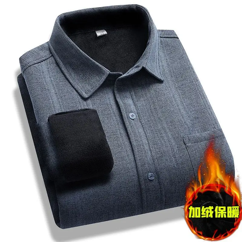 Fleece Lined Men's Shirt Blue Long Sleeve Winter Warm