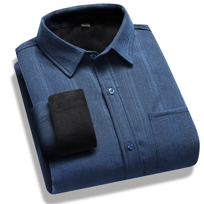 Fleece Lined Men's Shirt Blue Long Sleeve Winter Warm